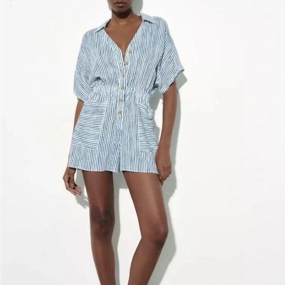 Zara Pants - Zara LINEN BLEND SHIRT STYLE SHORT JUMPSUIT romper Size S Blue White Stripes